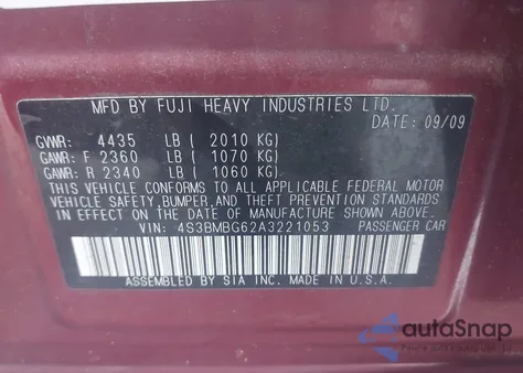 2010 Subaru Legacy 2.5I Premium from USA, damaged, VIN 4S3BMBG62A3221053